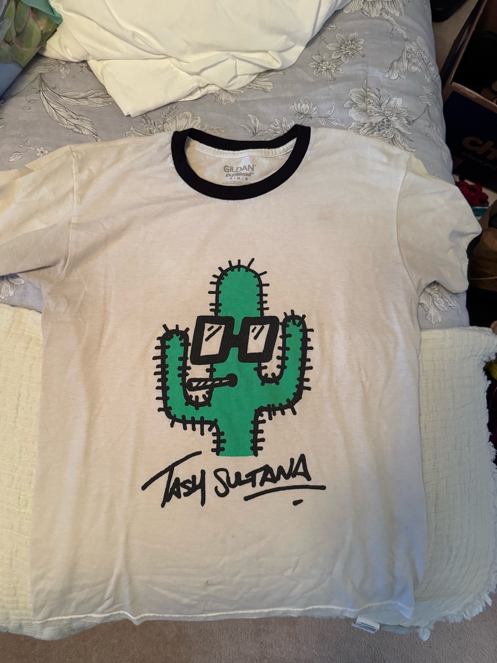 Tash Sultana Gildan White Tee with Green Cactus Graphic and Black Trim
